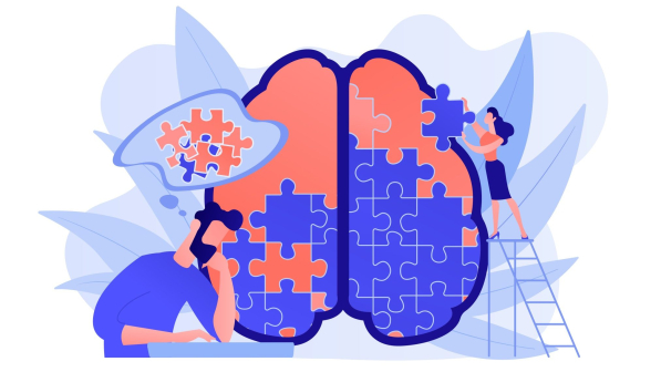 Man doing human brain puzzle. Psychology and psychotherapy session, mental healing and wellbeing, therapist counselling mental illness and difficulties violet palette. Vector isolated illustration.