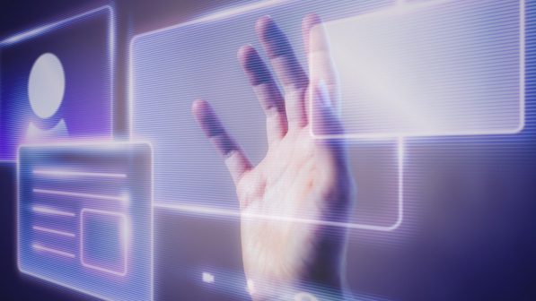 Woman touching a smart technology holographic interface