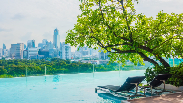 Outdoor swimming pool with city view