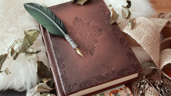 A high angle shot of a quill pen on an old book covered with dried flower petals
