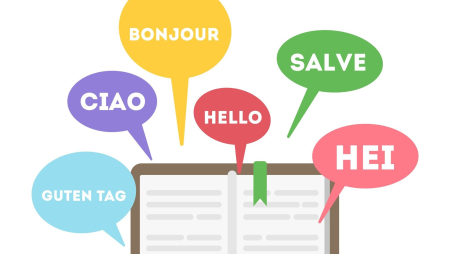 Learning languages concept. Book with word hello on different languages.