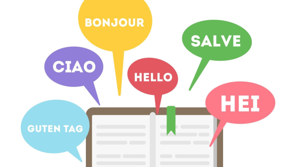 Learning languages concept. Book with word hello on different languages.