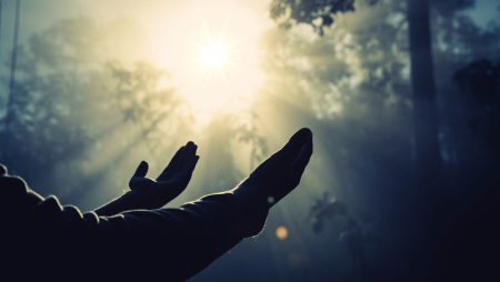 Teenage girl with praying in sunny nature. Young girl meditate in the green forest with sun lights background.