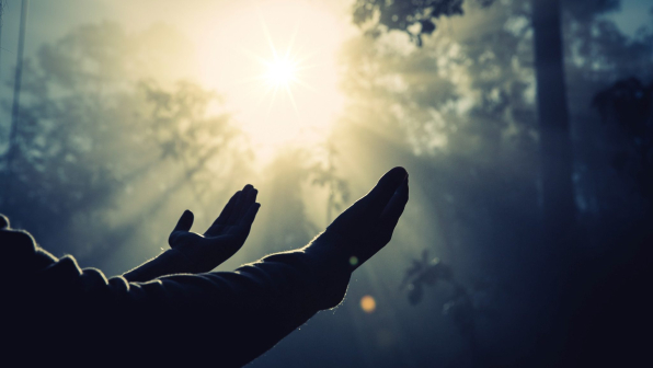 Teenage girl with praying in sunny nature. Young girl meditate in the green forest with sun lights background.