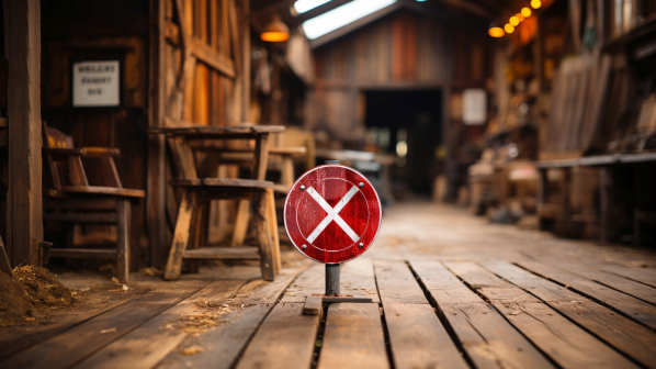 Rustic wooden table in old workshop, forbidden equipment, danger generated by artificial intelligence